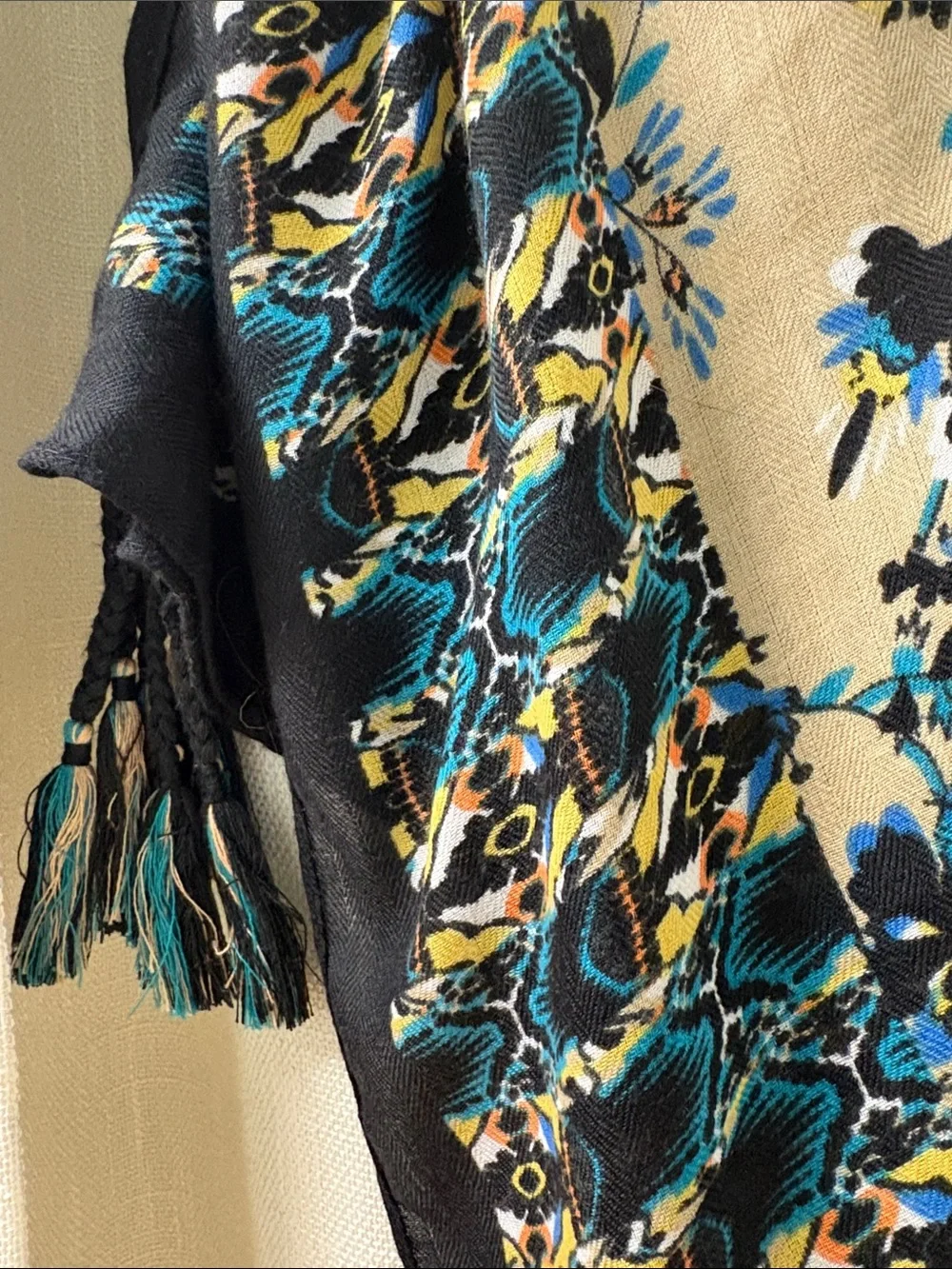 Tassel Scarf - Beige and Teal Floral
